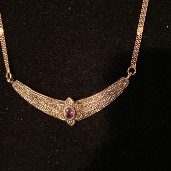 Antiqued Sterling Silver with Marcasite and Amethyst Necklace Earring Set - Picture 4 of 8